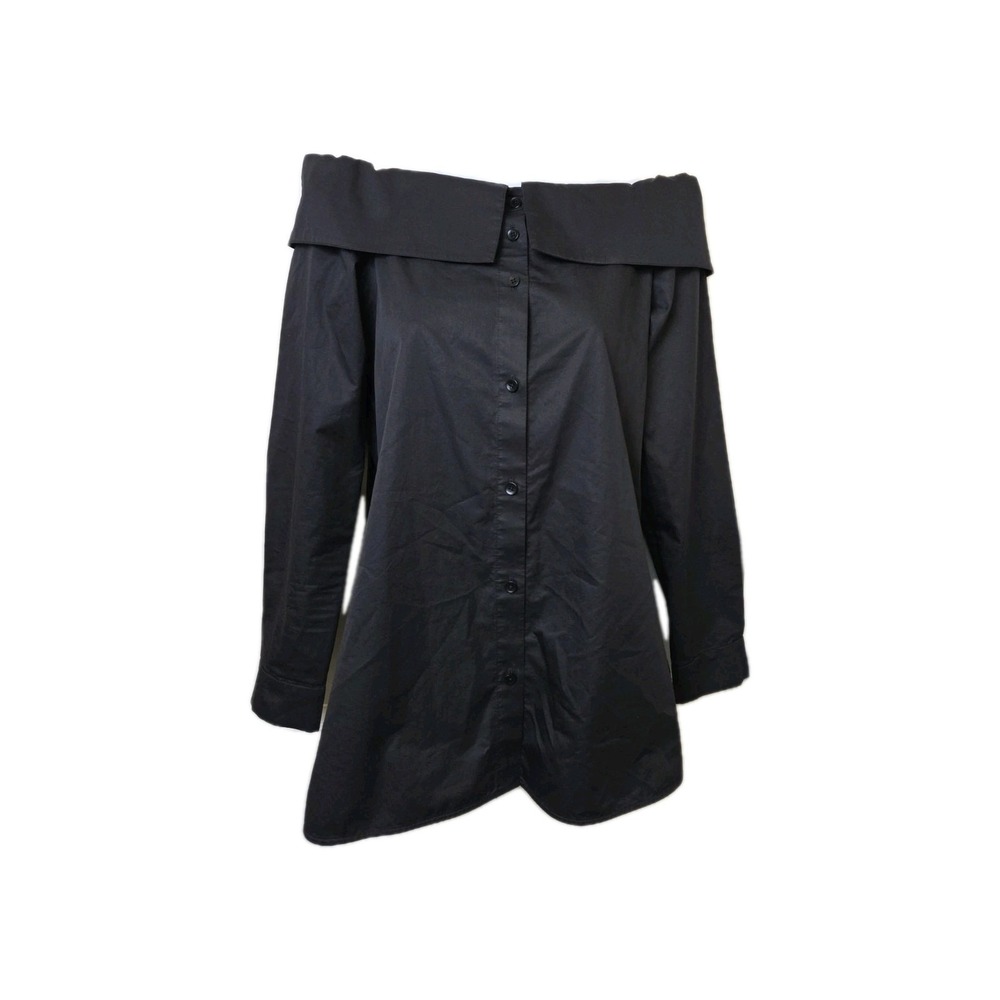 Tibi Blouse Off Shoulder Foldover‎ Collar Cotton Poplin Black Tunic Size 2